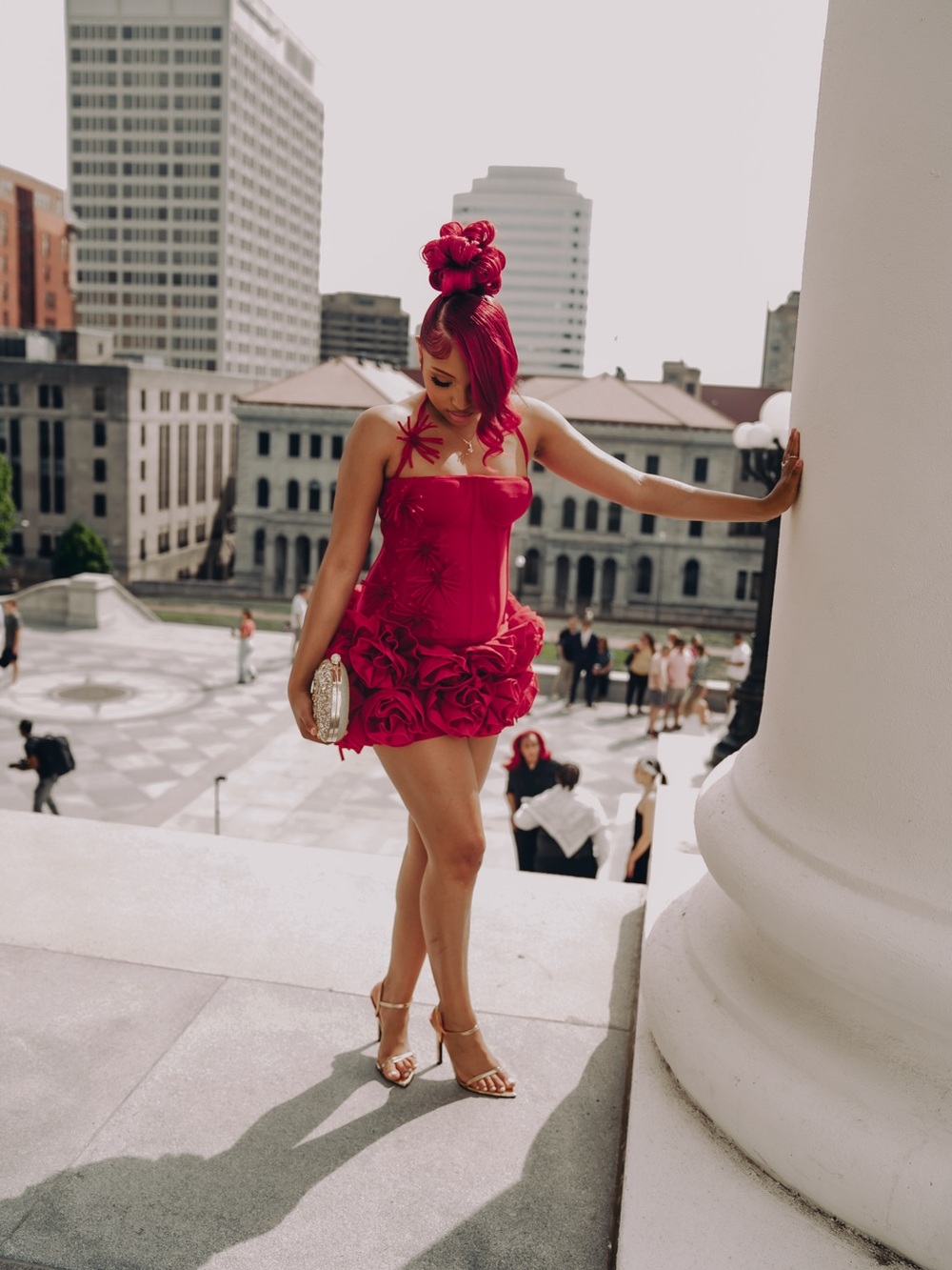 Red ruffled dress with floral appliqués #prom #formal #Birthday